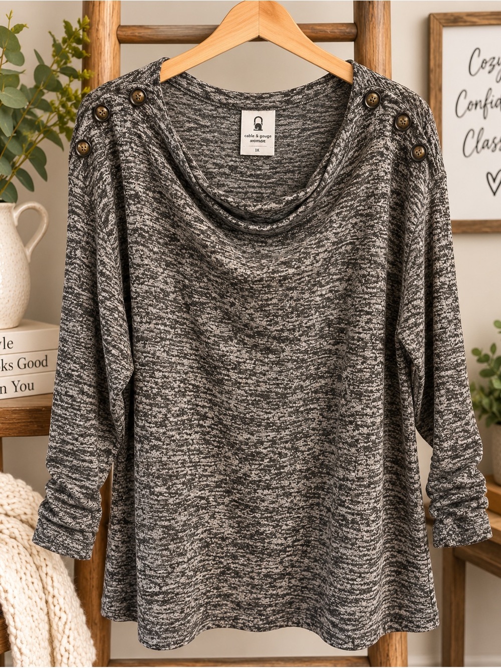 🖤 Cable & Gauge 1X Women’s Cowl Neck Sweater – Button Detail